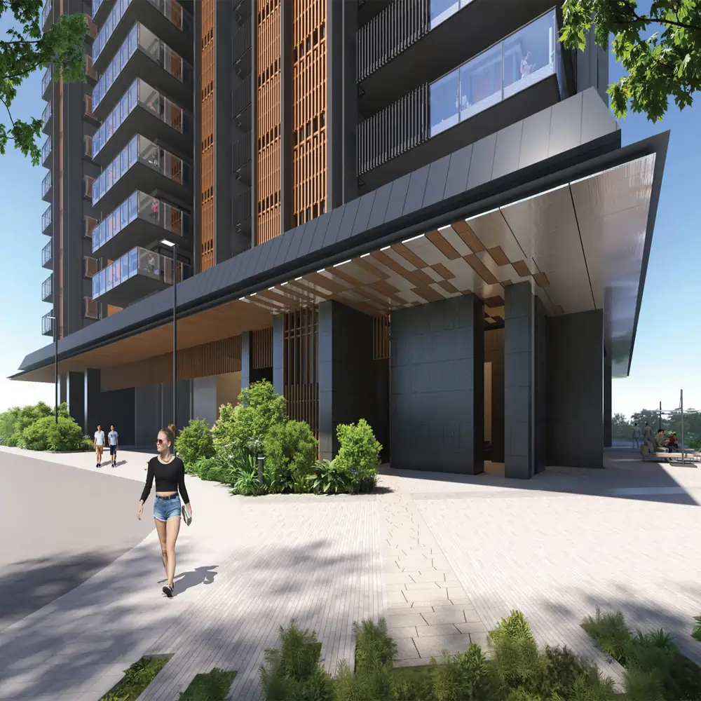 Ground-level view of the majestic tower entrance at Krisumi The Forest Reserve, Sector 36A Gurgaon, showcasing modern Japanese architectural design, grand canopies, and lush pedestrian pathways.